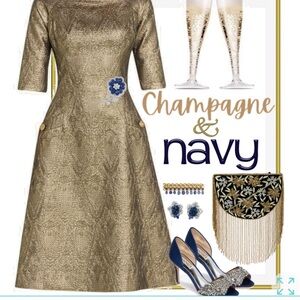 Rickie Freeman for Teri Jon Elbow-Sleeve Metallic Jacquard Midi Dress